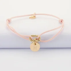 Bracelet cordon mousqueton tressé personnalisé médaille gravée plaqué or 10 mm