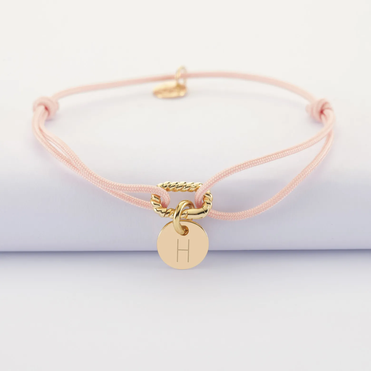 Bracelet cordon mousqueton tressé personnalisé médaille gravée plaqué or 10 mm
