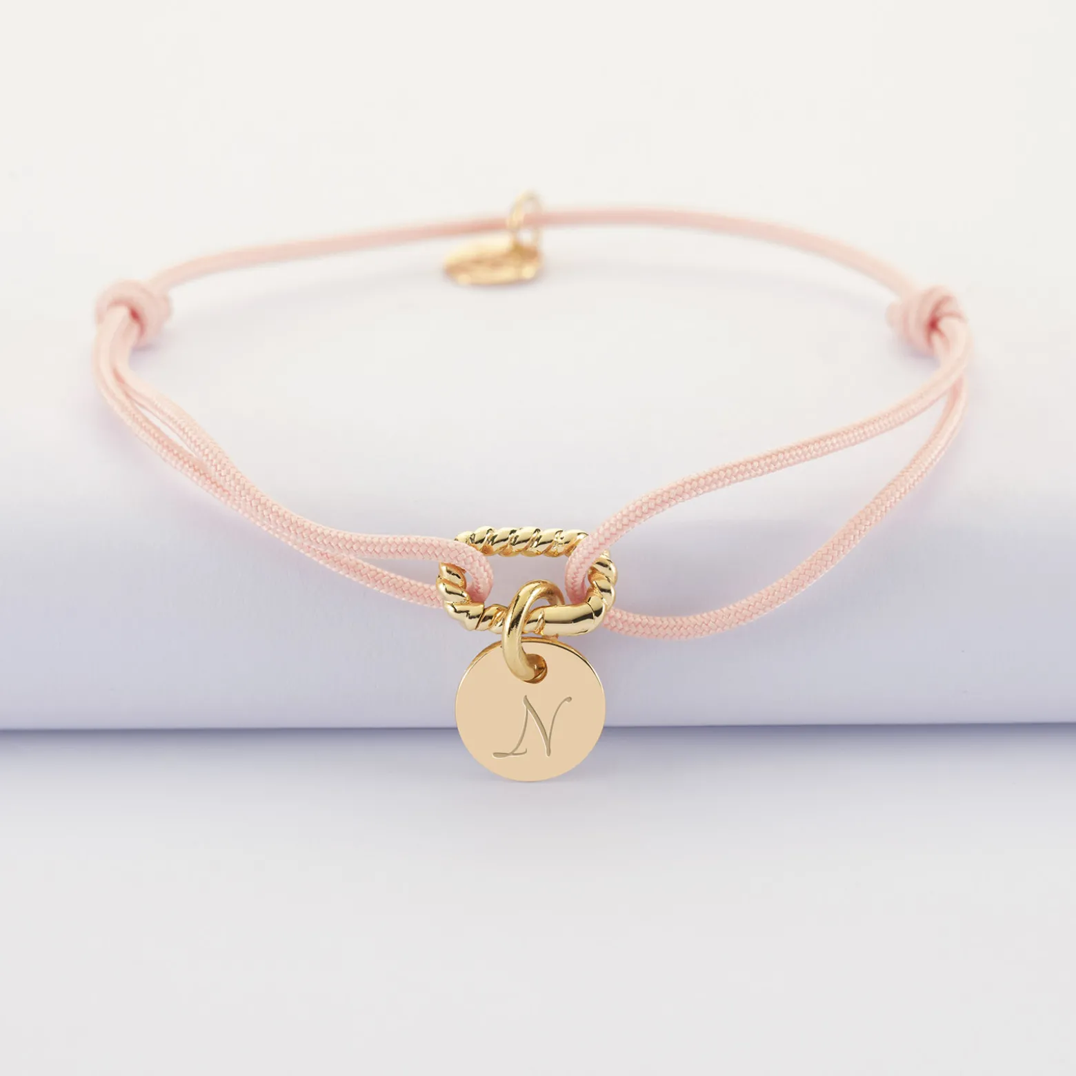Bracelet cordon mousqueton tressé personnalisé médaille gravée plaqué or 10 mm