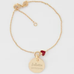 Bracelet enfant chaîne coeur émail rouge personnalisé médaille gravée plaqué or 15 mm
