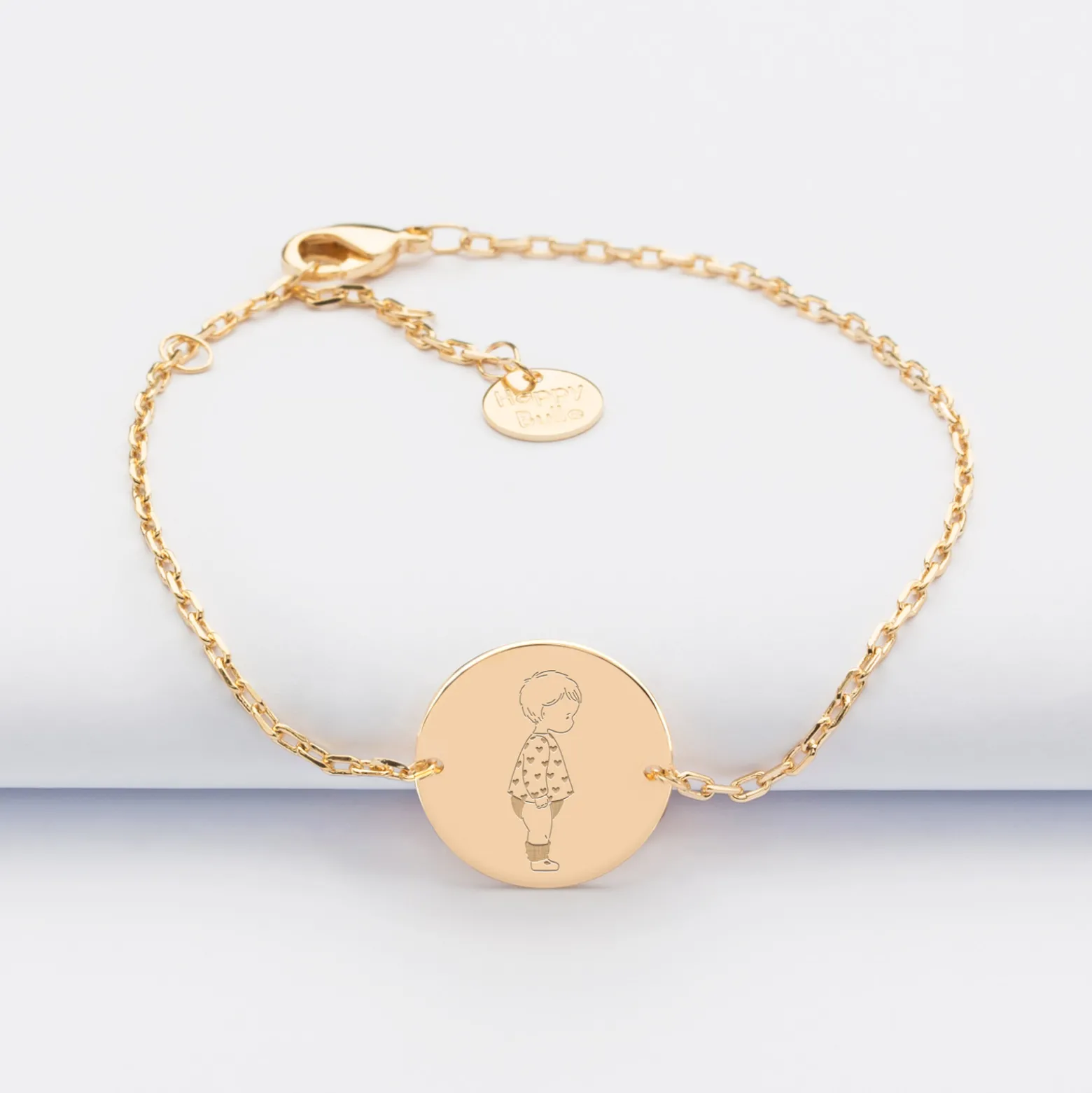 Bracelet enfant chaîne personnalisé illustration médaille gravée plaqué or 2 trous 15 mm - HappyBulle x Marie Savart