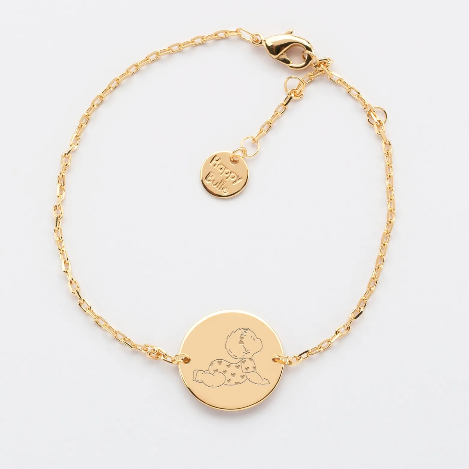 Bracelet enfant chaîne personnalisé illustration médaille gravée plaqué or 2 trous 15 mm - HappyBulle x Marie Savart