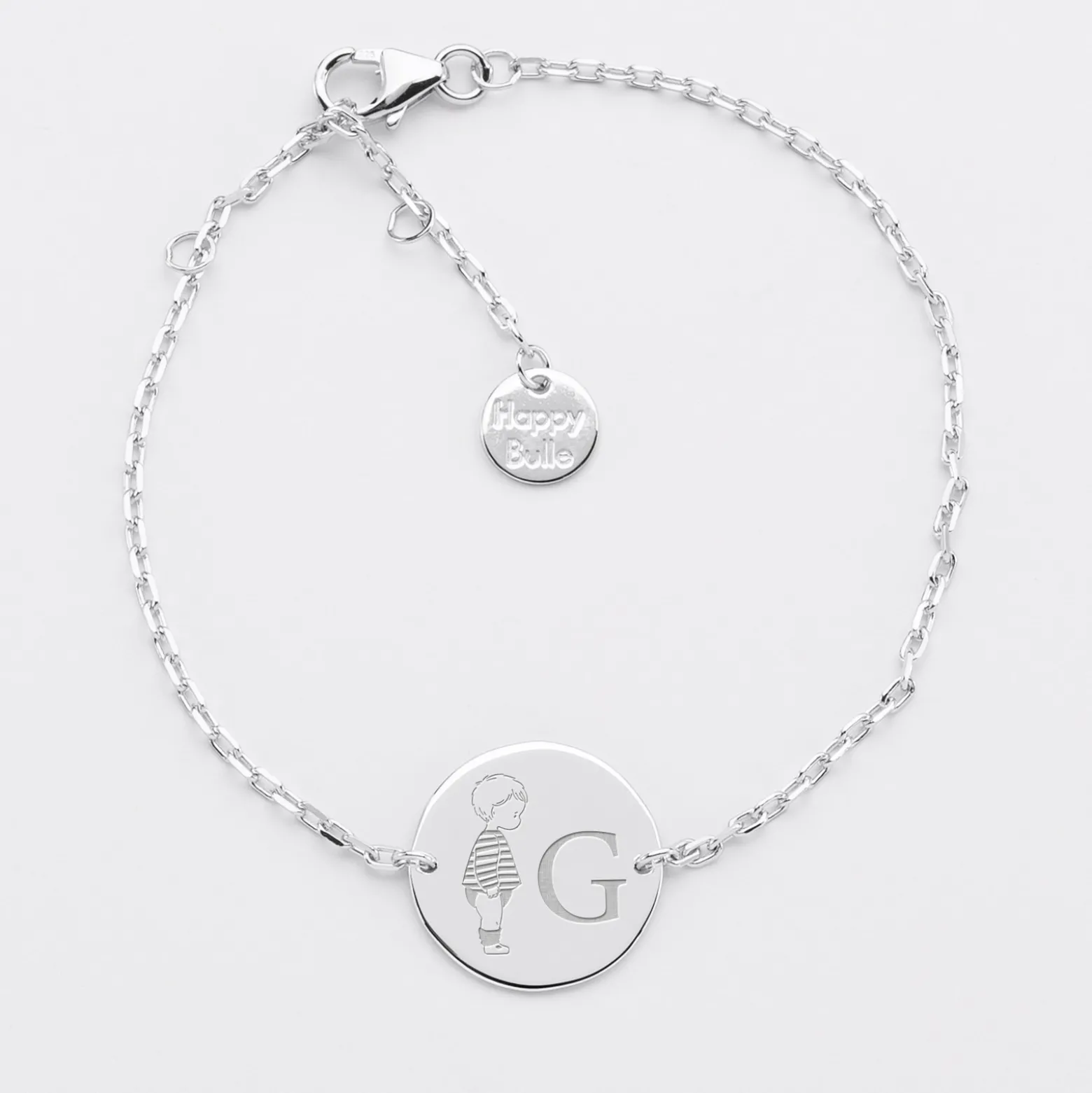 Bracelet enfant chaîne personnalisé initiale médaille gravée argent 2 trous 15 mm - HappyBulle x Marie Savart