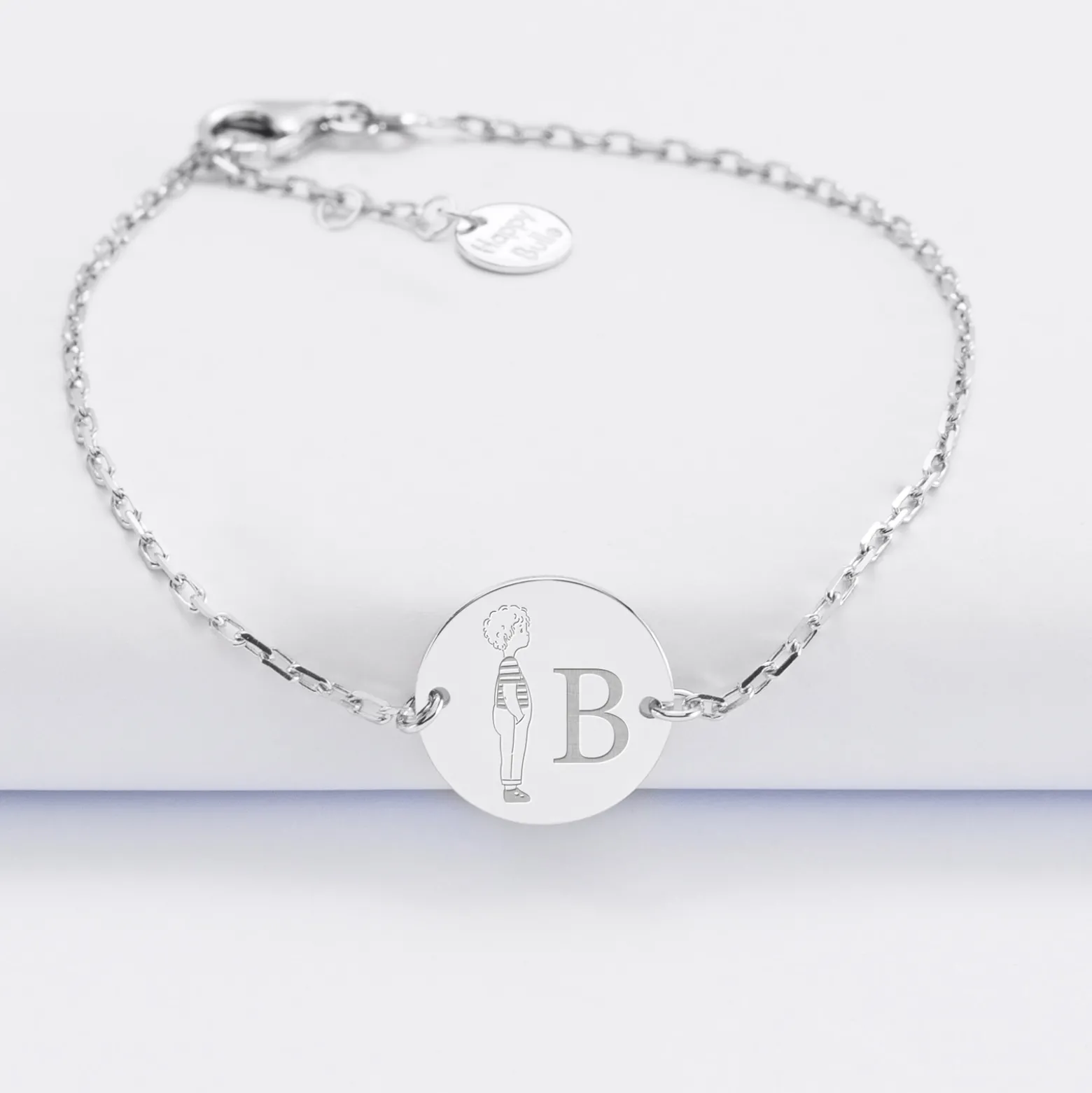 Bracelet enfant chaîne personnalisé initiale médaille gravée argent 2 trous 15 mm - HappyBulle x Marie Savart