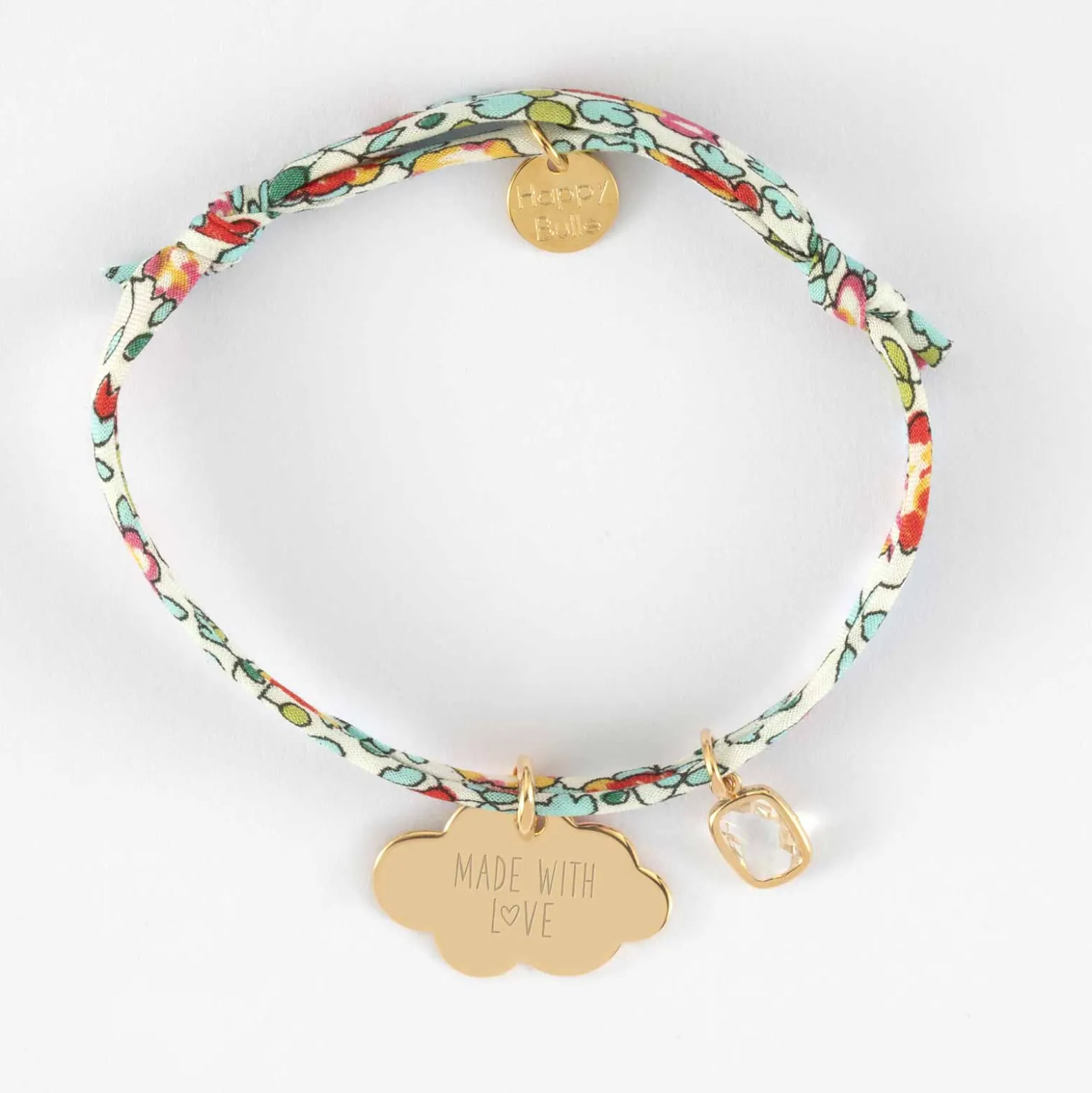 Bracelet enfant Liberty personnalisé médaille gravée plaqué or nuage 20x14 mm et breloque rectangle zircon plaqué or 9 mm