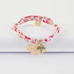Bracelet enfant Liberty personnalisé médaille gravée plaqué or nuage 20x14 mm et breloque fleur pétales zircons 10 mm