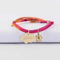 Bracelet enfant Liberty personnalisé prénom médaille gravée plaqué or nuage 20x14 mm et breloque tortue 10 mm