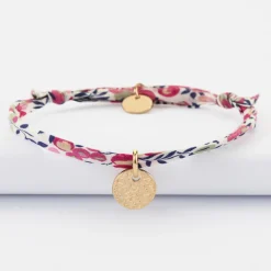 Bracelet enfant personnalisé Liberty médaille martelée gravée plaqué or 10 mm