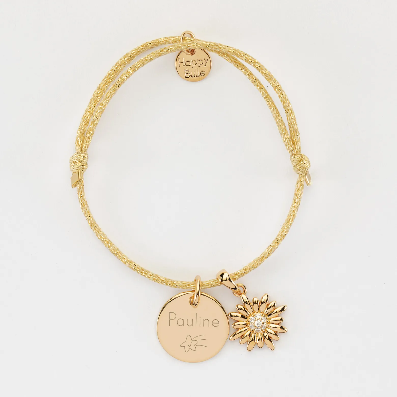 Bracelet enfant personnalisé cordon pailleté médaille gravée plaqué or 15 mm et breloque marguerite scintillante 13 mm