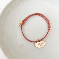 Bracelet enfant personnalisé cordon pailleté médaille gravée plaqué or nuage 20x14 mm