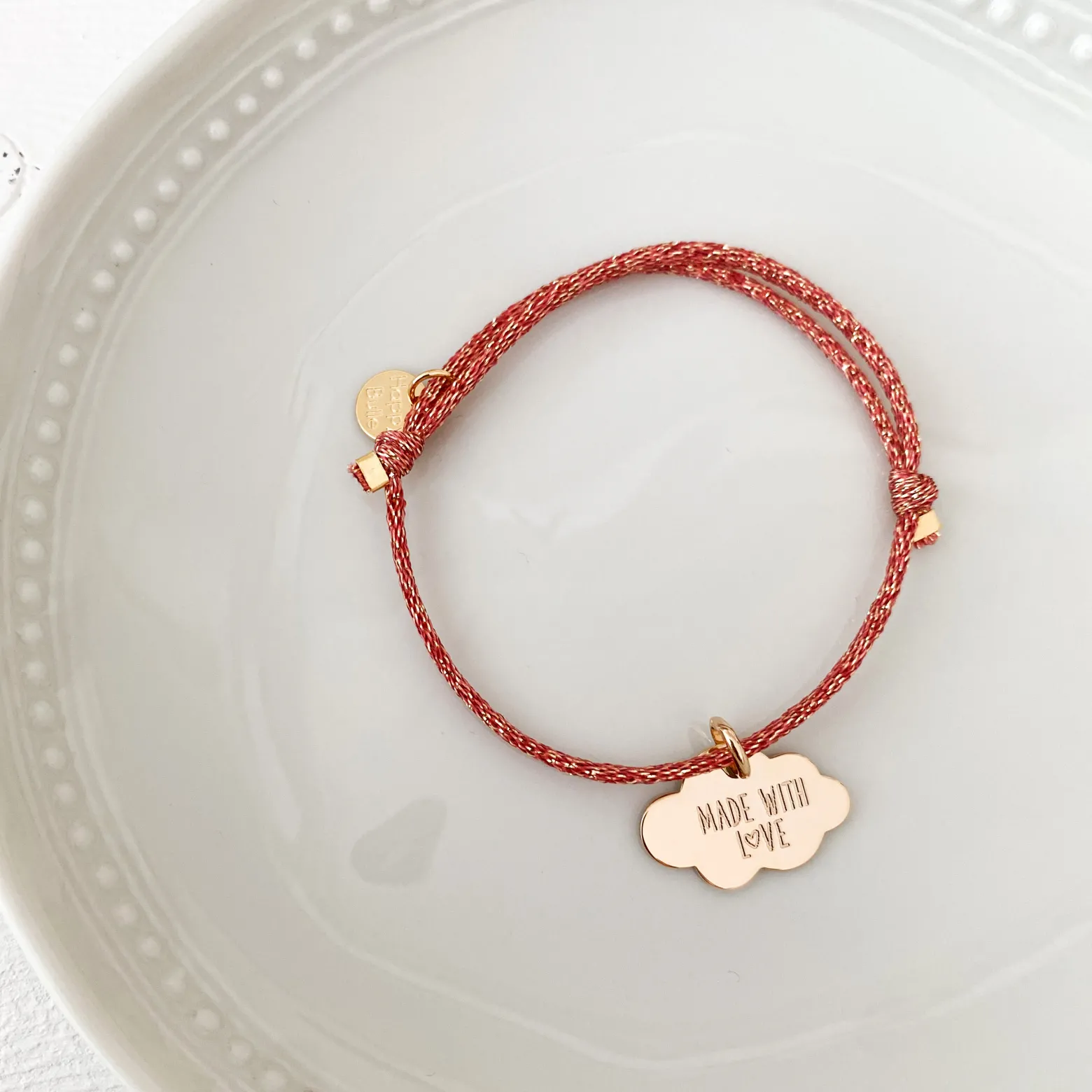 Bracelet enfant personnalisé cordon pailleté médaille gravée plaqué or nuage 20x14 mm
