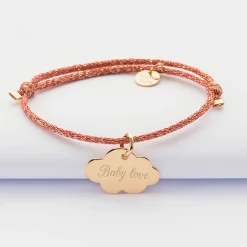 Bracelet enfant personnalisé cordon pailleté médaille gravée plaqué or nuage 20x14 mm