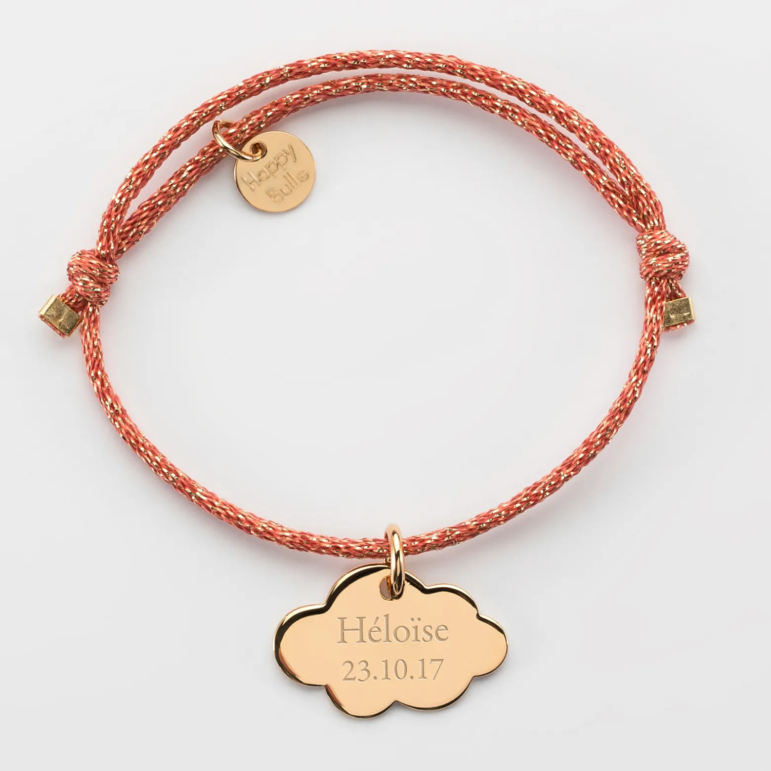 Bracelet enfant personnalisé cordon pailleté médaille gravée plaqué or nuage 20x14 mm