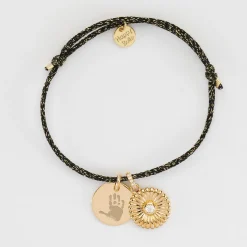 Bracelet enfant personnalisé cordon pailleté médaille gravée plaqué or 15 mm et breloque tournesol scintillant 14 mm