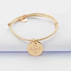 Bracelet enfant personnalisé cordon pailleté médaille gravée plaqué or 15 mm - HappyBulle x MyLovelyThing