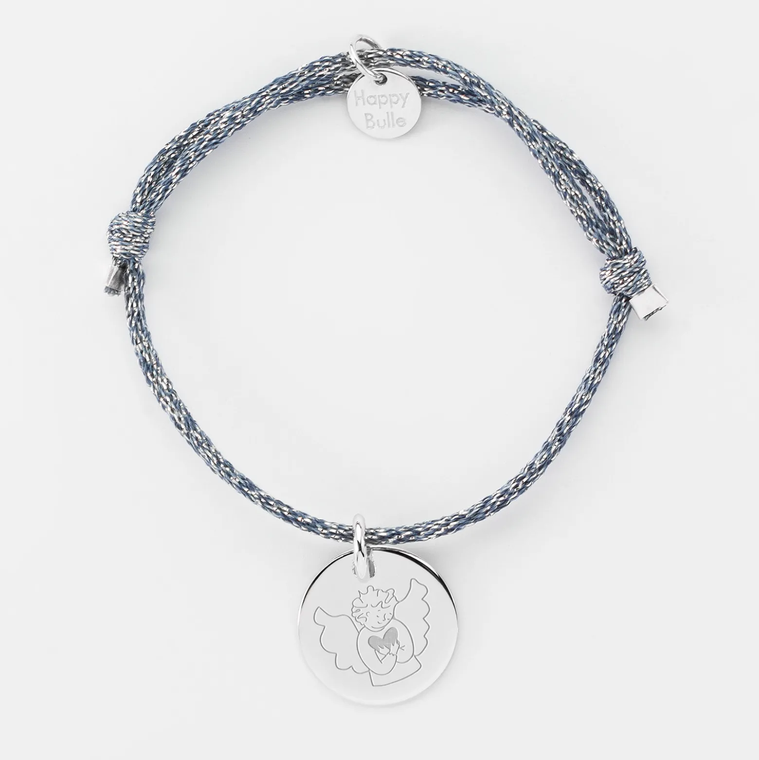 Bracelet enfant personnalisé cordon pailleté médaille gravée argent 15 mm - HappyBulle x MyLovelyThing