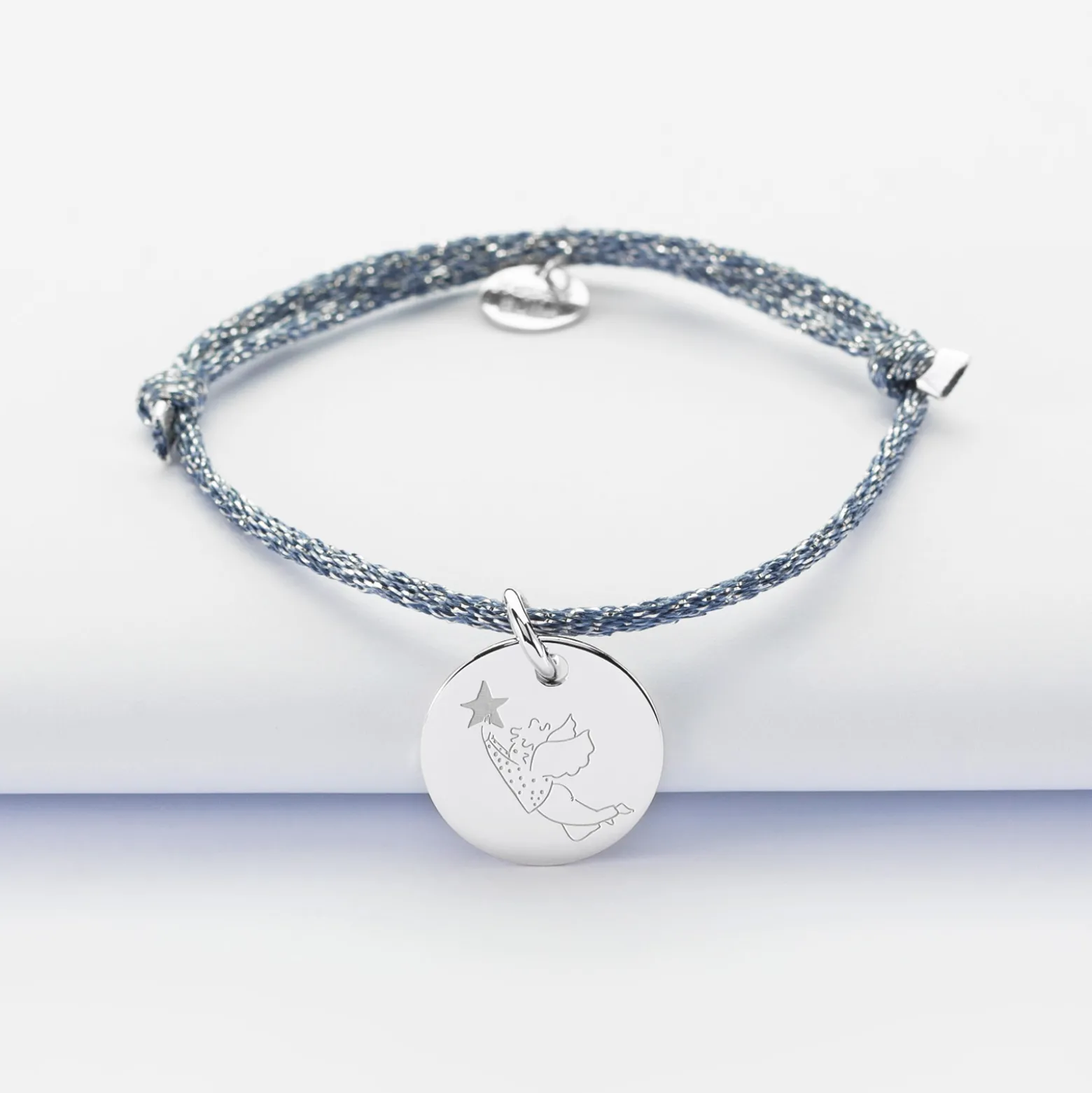 Bracelet enfant personnalisé cordon pailleté médaille gravée argent 15 mm - HappyBulle x MyLovelyThing
