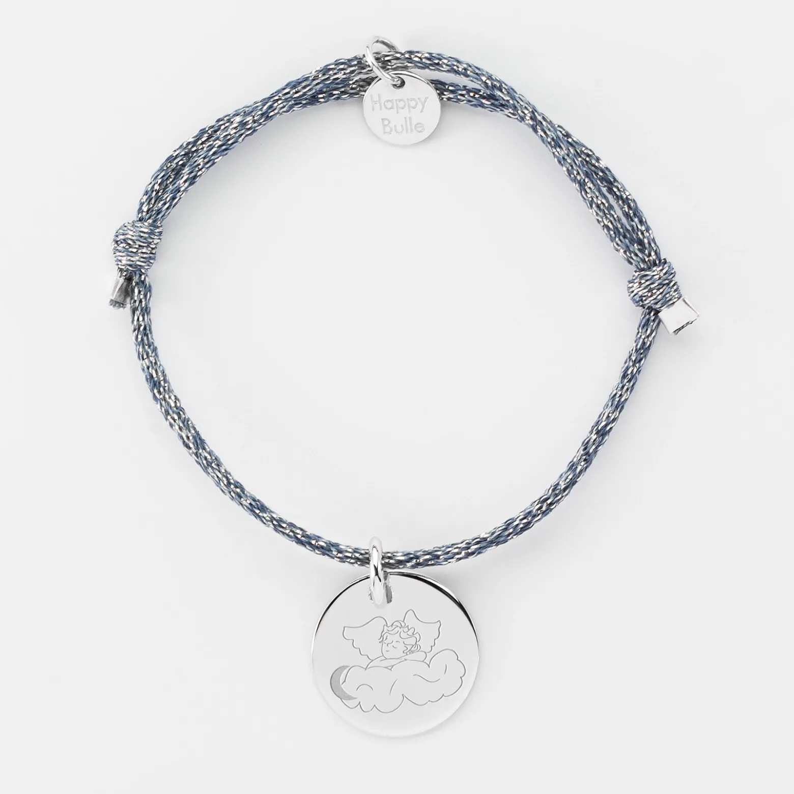 Bracelet enfant personnalisé cordon pailleté médaille gravée argent 15 mm - HappyBulle x MyLovelyThing