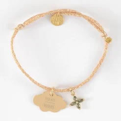 Bracelet enfant personnalisé cordon pailleté médaille gravée plaqué or nuage 20x14 mm et breloque fleur pétales zircons 10 mm