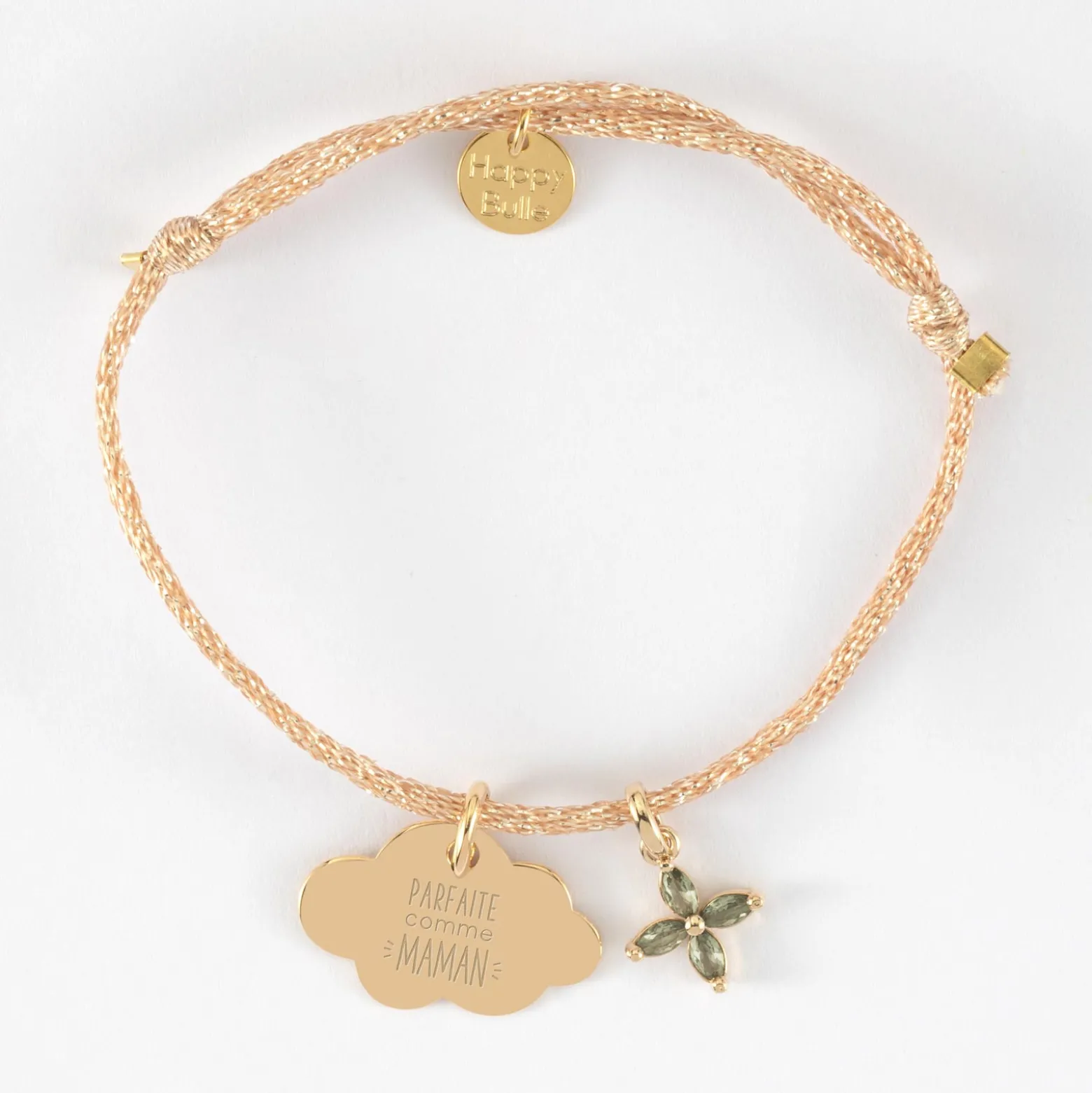 Bracelet enfant personnalisé cordon pailleté médaille gravée plaqué or nuage 20x14 mm et breloque fleur pétales zircons 10 mm