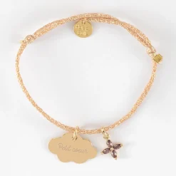 Bracelet enfant personnalisé cordon pailleté médaille gravée plaqué or nuage 20x14 mm et breloque fleur pétales zircons 10 mm
