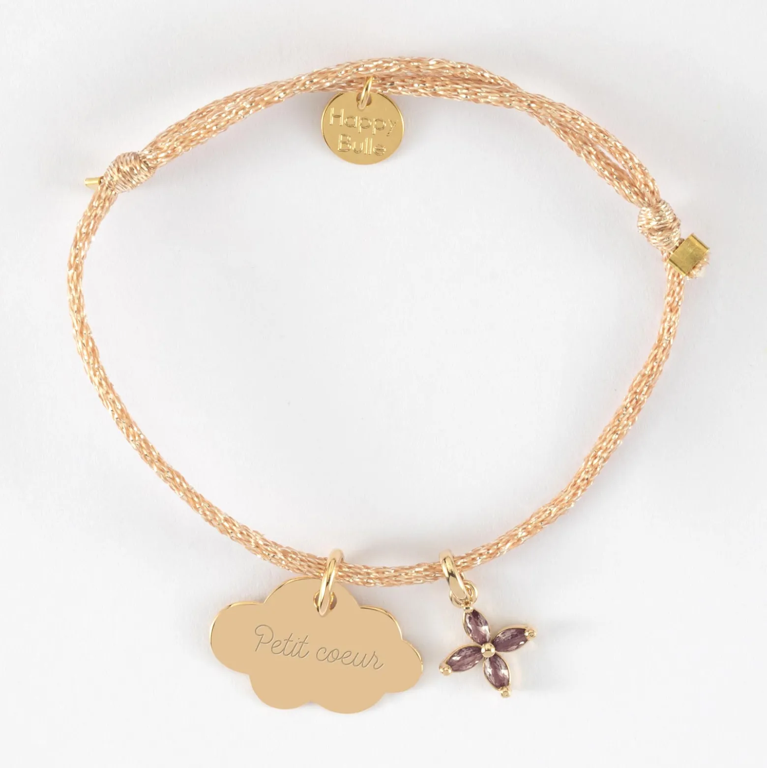 Bracelet enfant personnalisé cordon pailleté médaille gravée plaqué or nuage 20x14 mm et breloque fleur pétales zircons 10 mm
