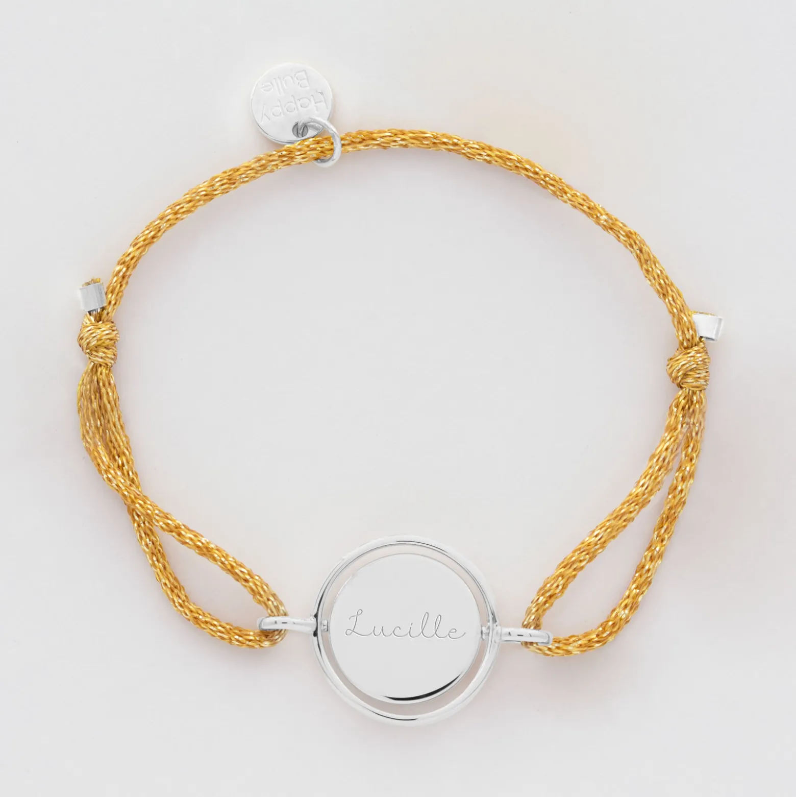 Bracelet enfant personnalisé cordon pailleté médaille réversible Eternelle gravée argent 2 trous 16 mm - HappyBulle x Capucine