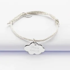 Bracelet enfant personnalisé cordon pailleté médaille gravée argent nuage 20x14 mm