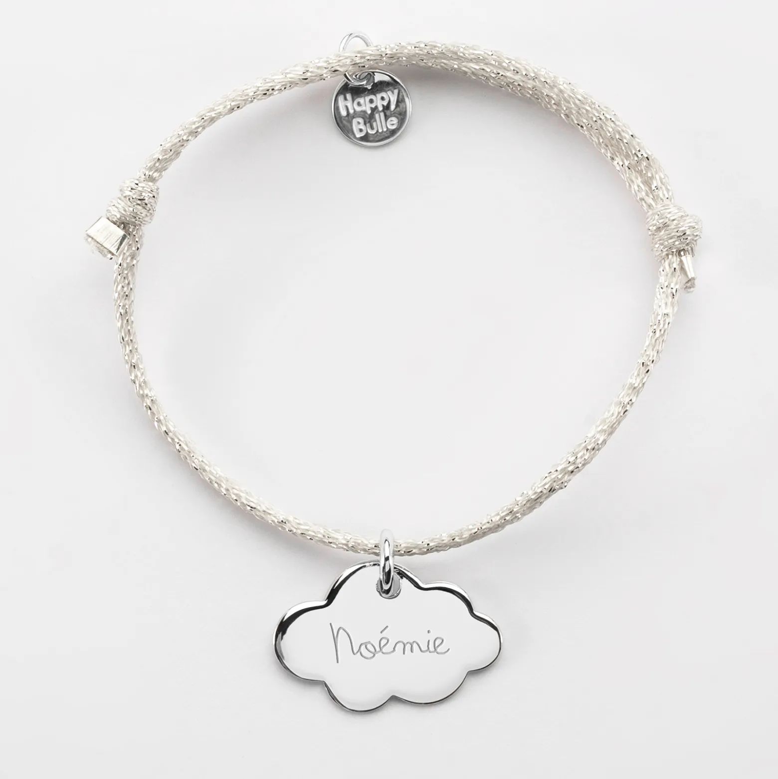 Bracelet enfant personnalisé cordon pailleté médaille gravée argent nuage 20x14 mm