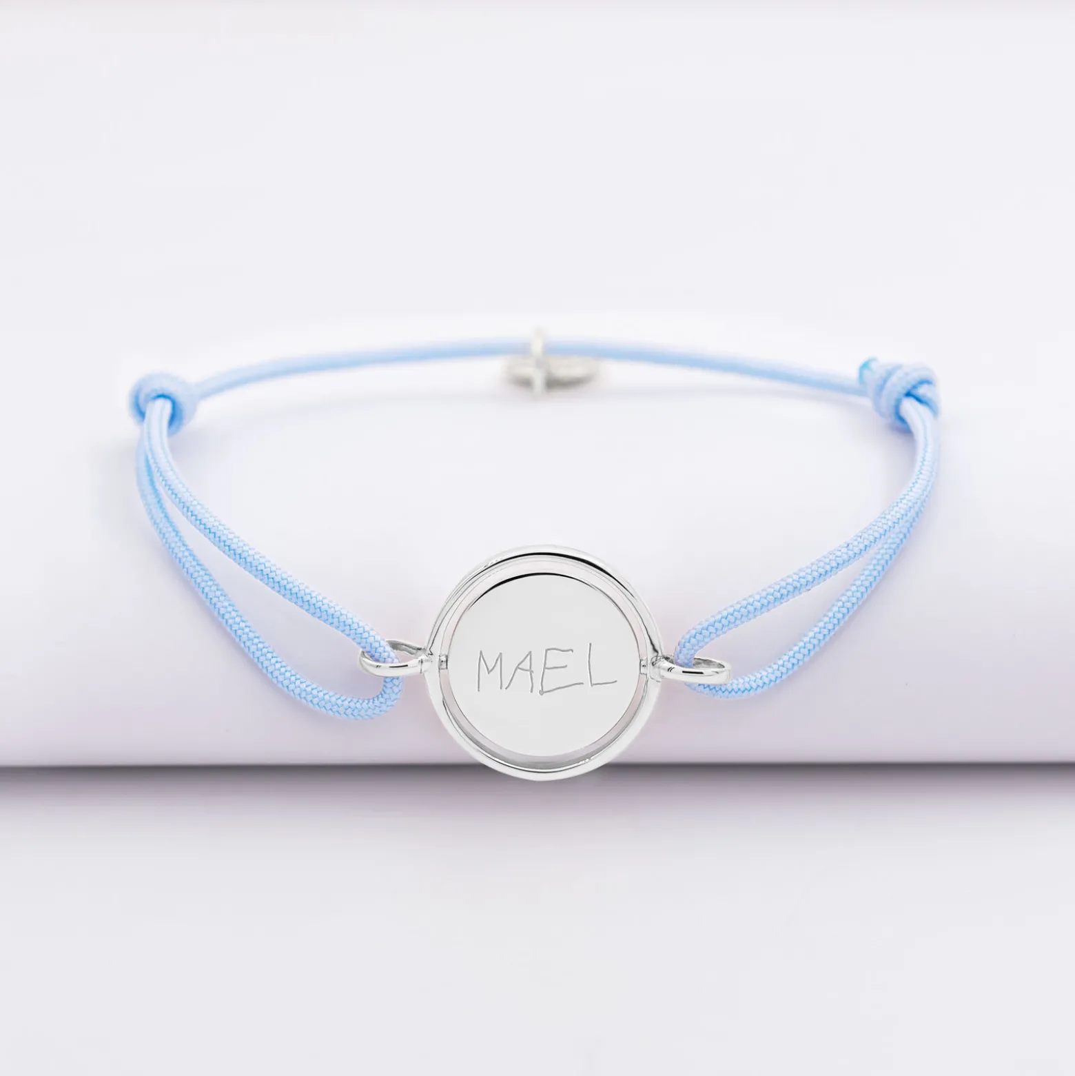 Bracelet enfant personnalisé cordon médaille réversible Eternelle gravée argent 2 trous 16 mm