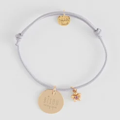 Bracelet enfant personnalisé médaille gravée plaqué or 15 mm et breloque fleur zircon plaqué or 8 mm