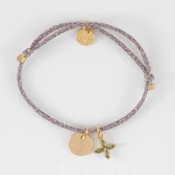 Bracelet enfant personnalisé cordon pailleté médaille gravée plaqué or 10 mm et breloque fleur pétales zircons 10 mm
