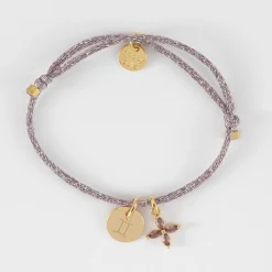 Bracelet enfant personnalisé cordon pailleté médaille gravée plaqué or 10 mm et breloque fleur pétales zircons 10 mm