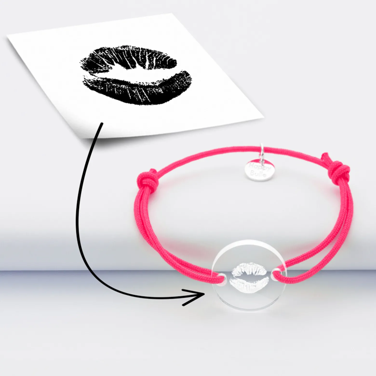 Bracelet enfant personnalisé "bisou" médaille gravée acrylique ronde 2 trous 17 mm