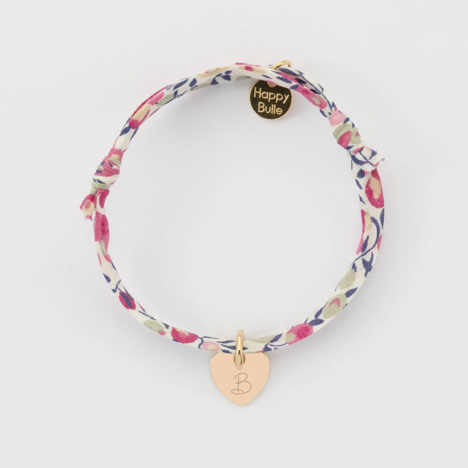 Bracelet enfant personnalisé Liberty médaille initiale gravée plaqué or coeur 10 mm