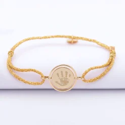Bracelet enfant personnalisé cordon pailleté médaille réversible Eternelle gravée plaqué or 2 trous 16 mm