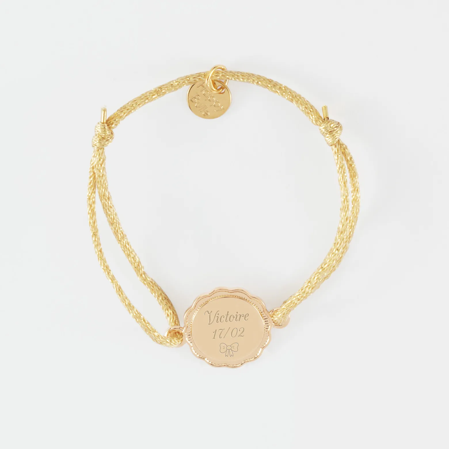 Bracelet enfant personnalisé cordon pailleté médaille contour fleur gravée plaqué or 2 trous 15 mm