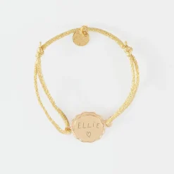 Bracelet enfant personnalisé cordon pailleté médaille contour fleur gravée plaqué or 2 trous 15 mm