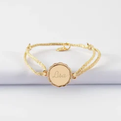 Bracelet enfant personnalisé cordon pailleté médaille contour fleur gravée plaqué or 2 trous 15 mm