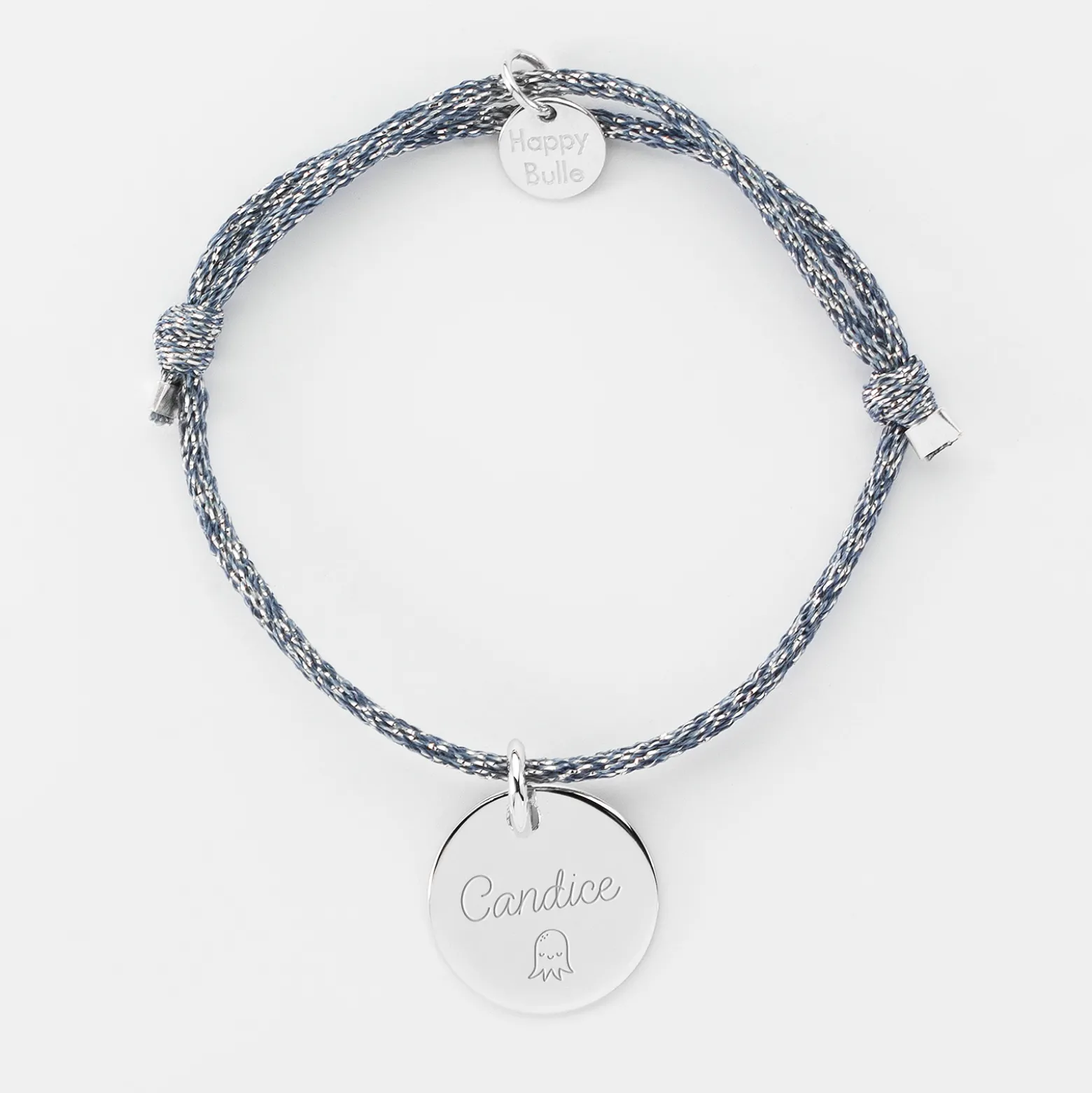 Bracelet enfant personnalisé cordon pailleté médaille gravée argent 15 mm