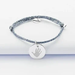 Bracelet enfant personnalisé cordon pailleté médaille gravée argent 15 mm
