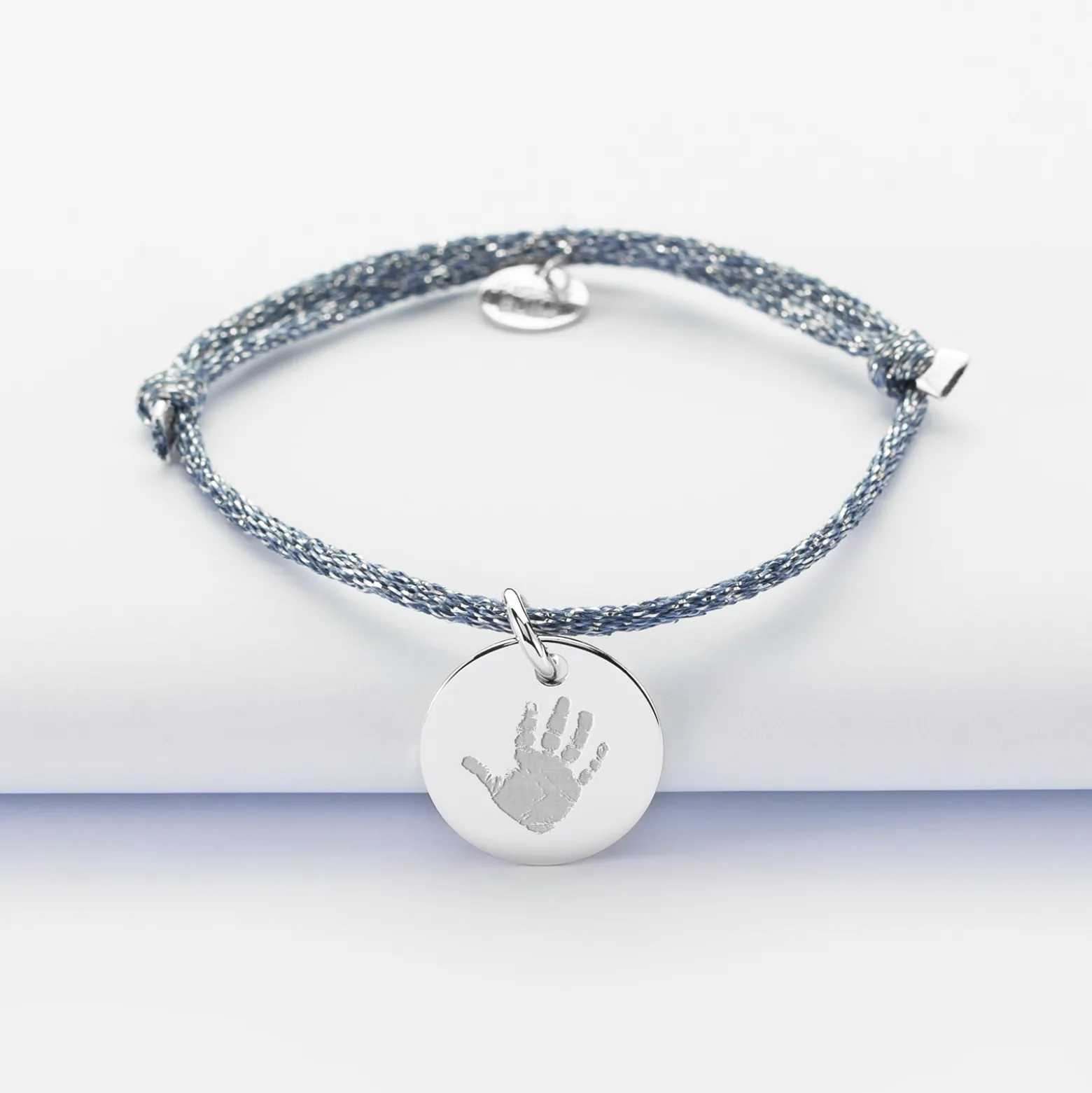 Bracelet enfant personnalisé cordon pailleté médaille gravée argent 15 mm