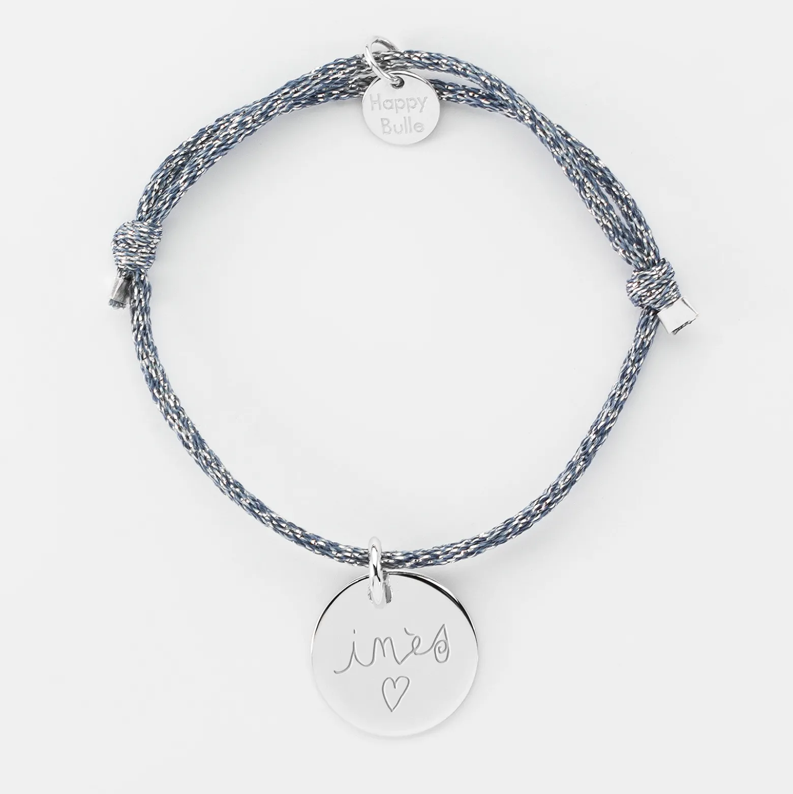 Bracelet enfant personnalisé cordon pailleté médaille gravée argent 15 mm