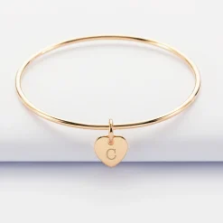 Bracelet enfant personnalisé jonc plaqué or médaille gravée initiale coeur 10 mm