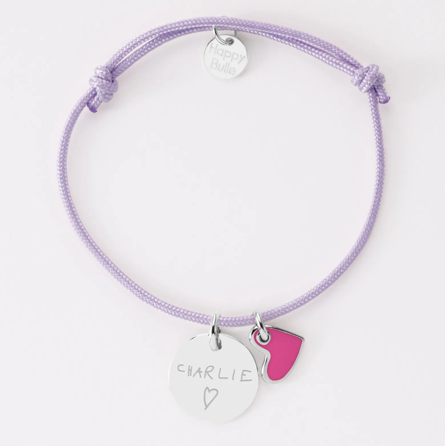 Bracelet enfant personnalisé médaille gravée argent 15 mm et breloque coeur email 10 mm