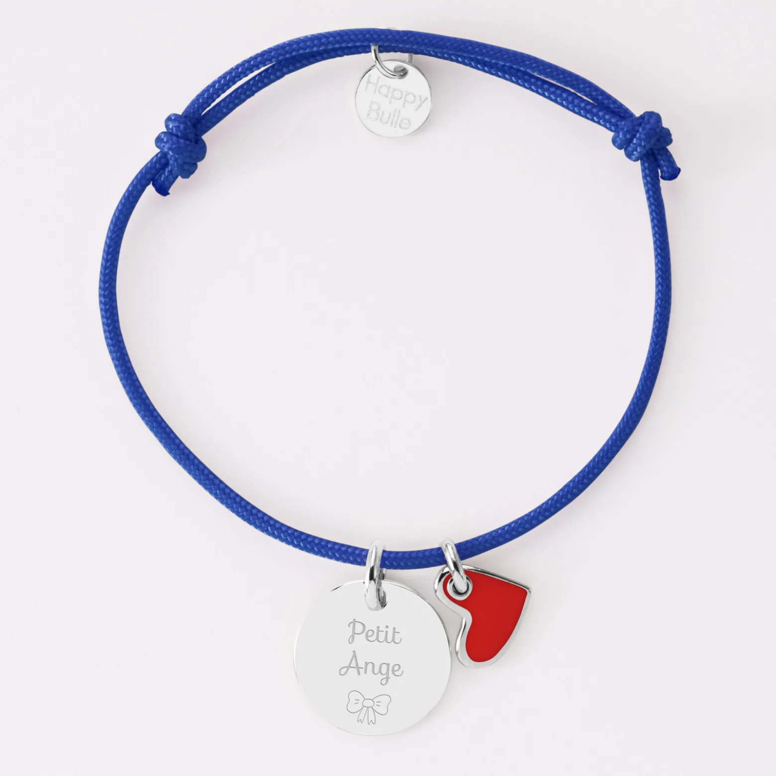 Bracelet enfant personnalisé médaille gravée argent 15 mm et breloque coeur email 10 mm