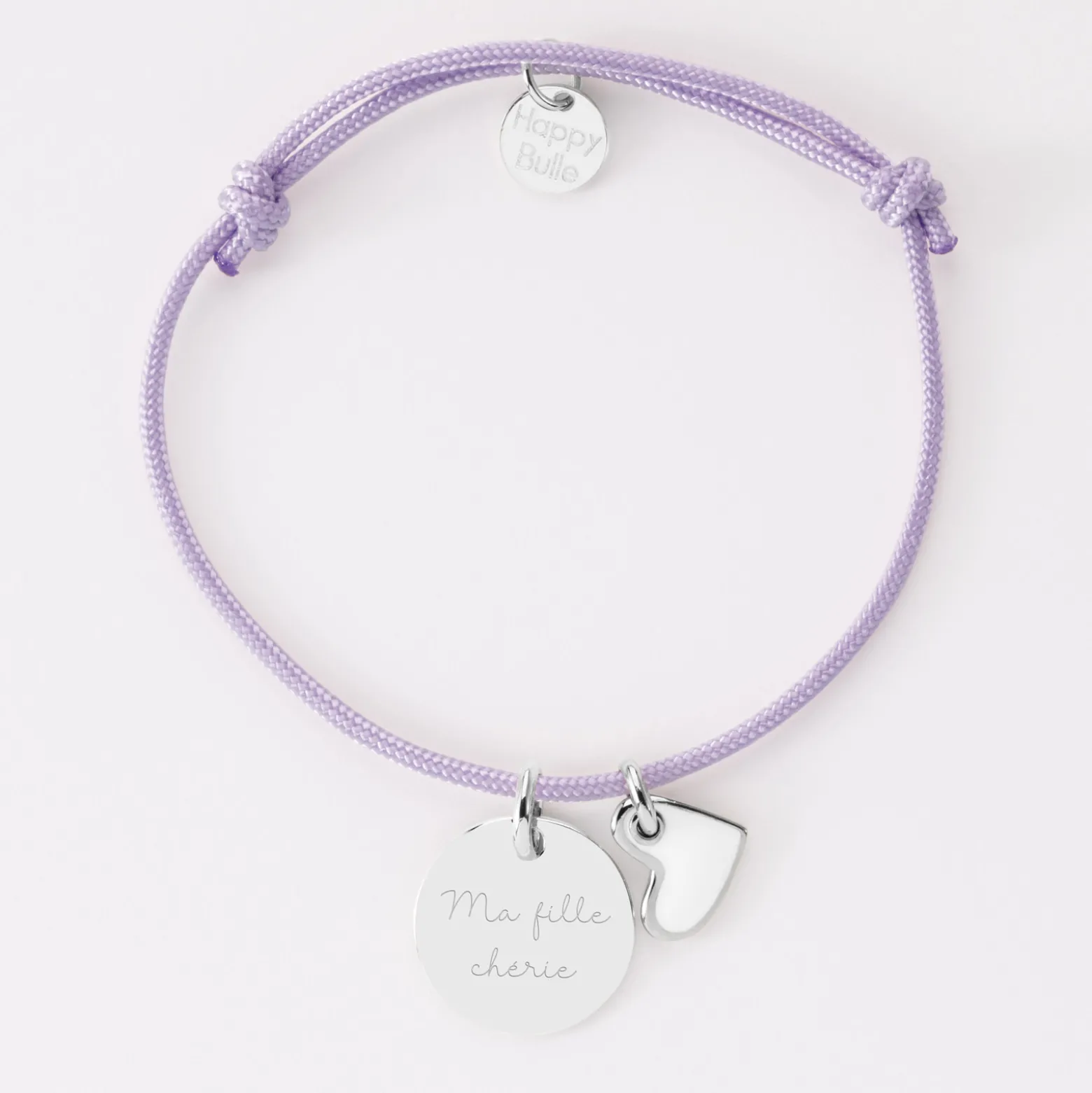 Bracelet enfant personnalisé médaille gravée argent 15 mm et breloque coeur email 10 mm
