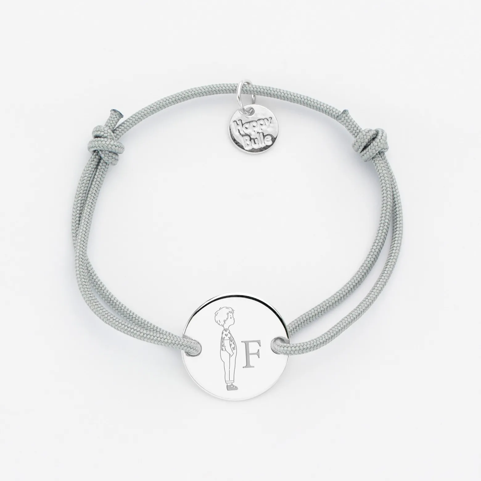 Bracelet enfant personnalisé initiale médaille gravée argent 2 trous 15 mm - HappyBulle x Marie Savart