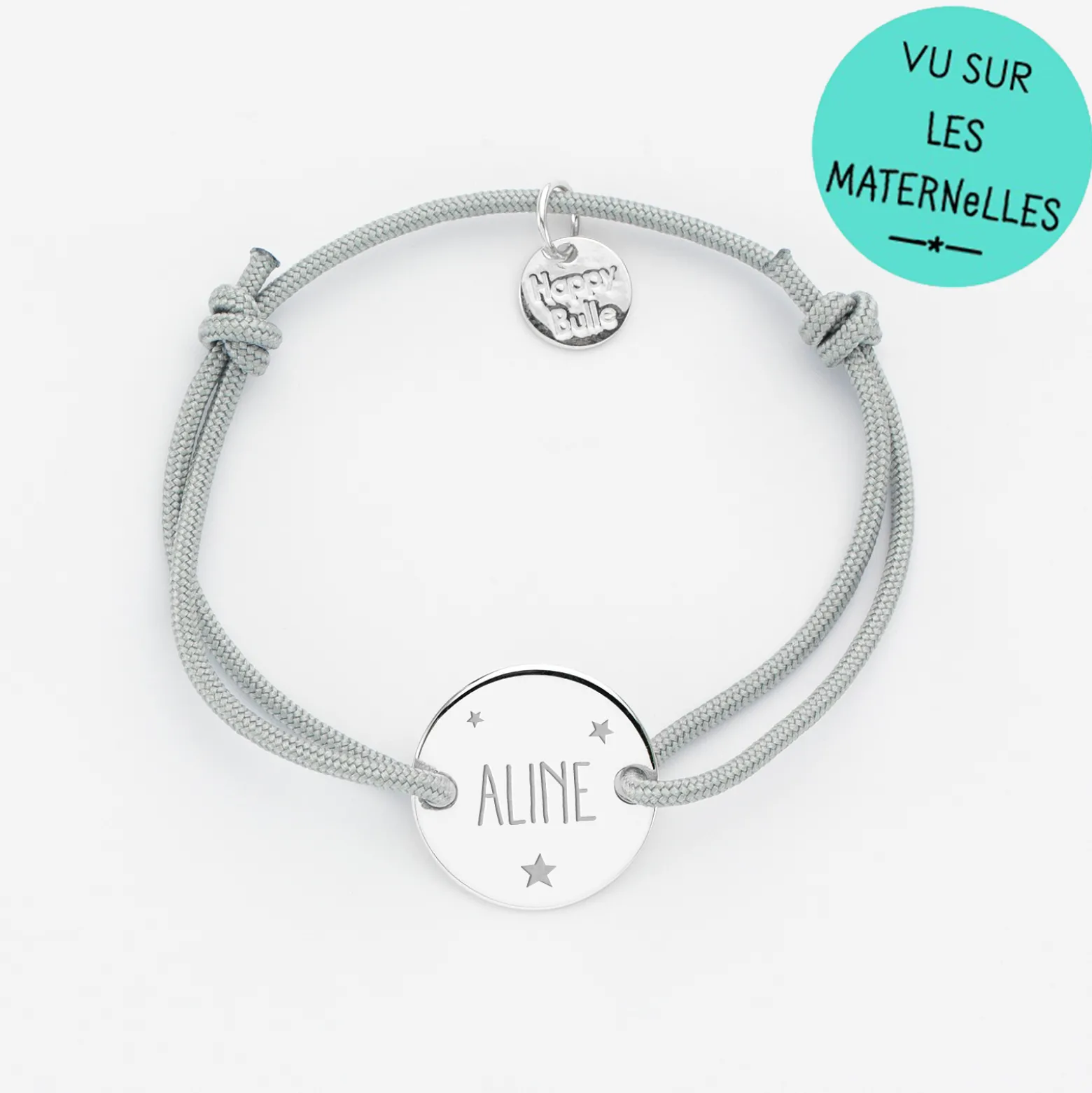 Bracelet enfant personnalisé initiale médaille gravée argent 2 trous 15 mm - HappyBulle x Marie Savart