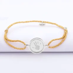 Bracelet enfant personnalisé cordon pailleté médaille réversible Eternelle gravée argent 2 trous 16 mm